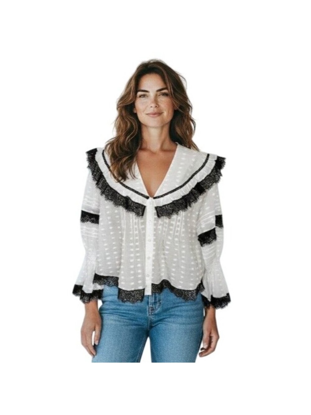 HUNTER BELL Long-sleeve White Blouse with Black Lace detail